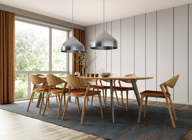 istock Interior of modern dining room, dining table and wooden chairs. Home design. 3d rendering 1475798893