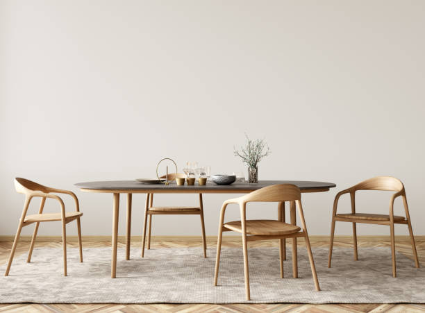 istock Interior design of modern dining room, dining table and wooden chairs. 3d rendering 1475799530