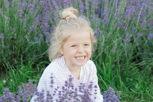 Little beautiful girl with a bouquet of lavender flowers, soft focus background