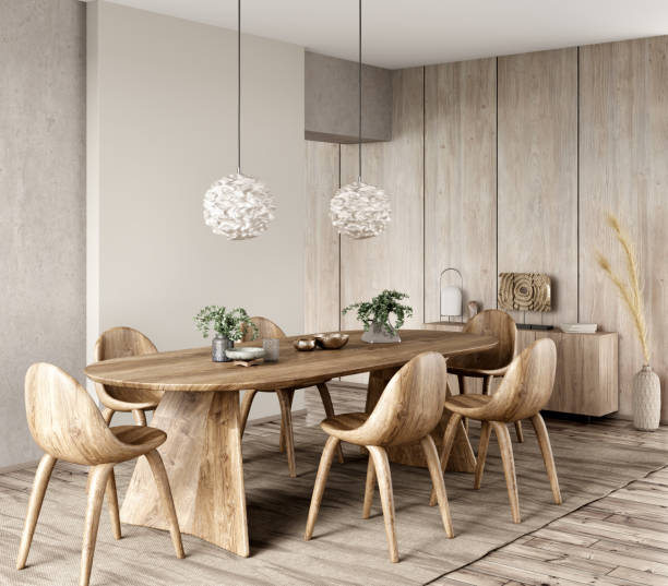 istock Interior of modern dining room, dining table and wooden chairs. Home design. 3d rendering 1475799592