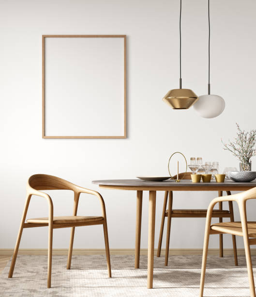 istock Interior design of modern dining room, dining table and wooden chairs. Poste on the white wall. 3d rendering 1475799633