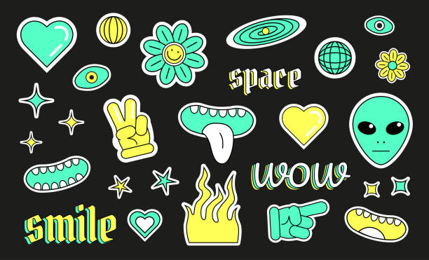 Vector Y2K stickers, group of labels with strange creatures, face parts, flowers, hearts, stars, galaxy, flame and hands with fingers. Vector Y2K stickers, group of labels with strange creatures, face parts, flowers, hearts, stars, galaxy, flame and hands with fingers. picture frame frame ellipse black stock illustrations