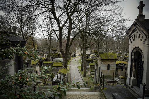 view of the Père Lachaise cemetery in Paris in winter