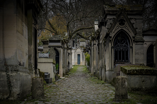 view of the Père Lachaise cemetery in Paris in winter
