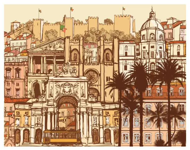 Vector illustration of Original and Colorful representation of Lisbon in Portugal