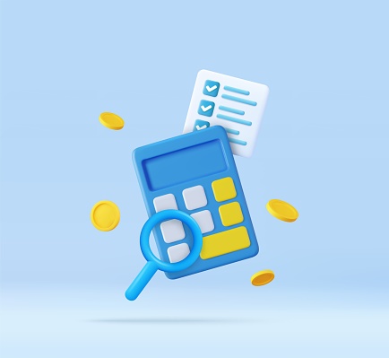 3d Calculator, magnifying glass, checklist with floating coin. . Concept of personal financial management, revenue calculation, accounting. 3d rendering. Vector illustration