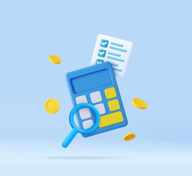 3d Calculator, magnifying glass, dollar coins, checklist. 3d Calculator, magnifying glass, checklist with floating coin. . Concept of personal financial management, revenue calculation, accounting. 3d rendering. Vector illustration wages stock illustrations