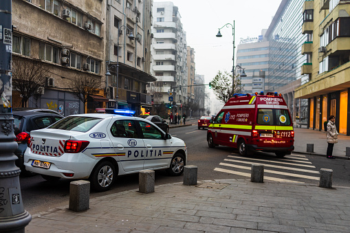 Police, and SMURD ambulance on duty. Accident on Victoriei Way (Calea Victoriei) Boulevard in Bucharest, Romania, 2020