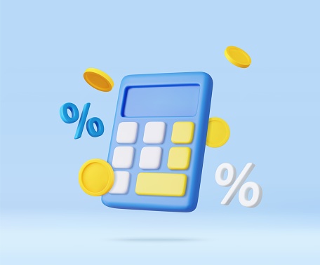 3D Calculator with floating coin. Budget management concept. Financial calculation of money. Tax time. 3d rendering. Vector illustration