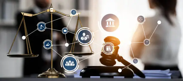 Photo of Smart law, legal advice icons and astute lawyer working tools in lawyers office