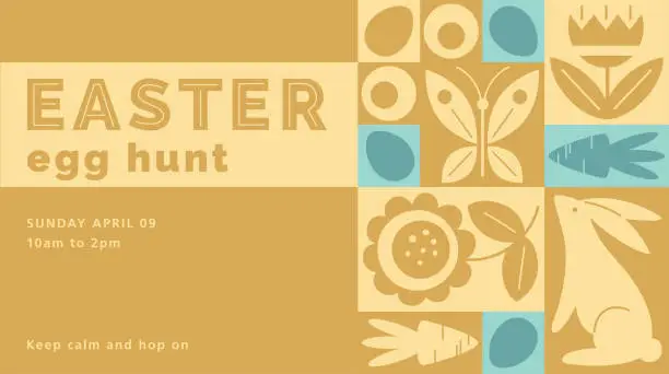 Vector illustration of Happy Easter or spring themed motifs poster in modern geometric abstract style. Easter Egg Hunt. For Holiday covers, posters, banners, card. Cute bunny, eggs, flowers, carrots in pastel colours