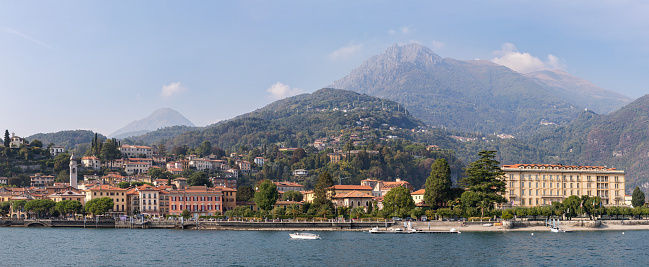 panoramic view from the lake of menaggio on lake como summer day