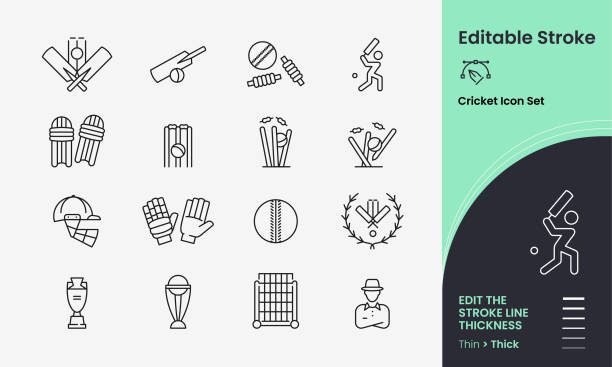 크리켓 스트로크 벡터 아이콘 세트 - sport of cricket cricket player fielder sport stock illustrations