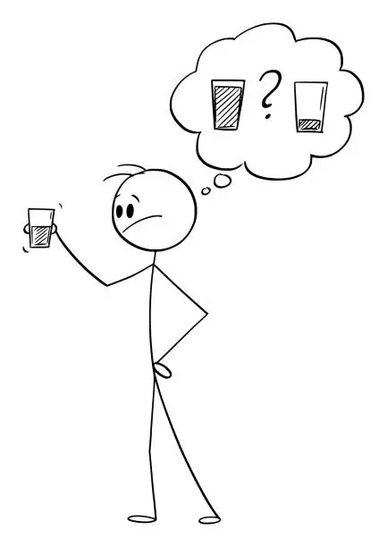 Vector illustration of Is the Glass Half Full or Half Empty , Vector Cartoon Stick Figure Illustration