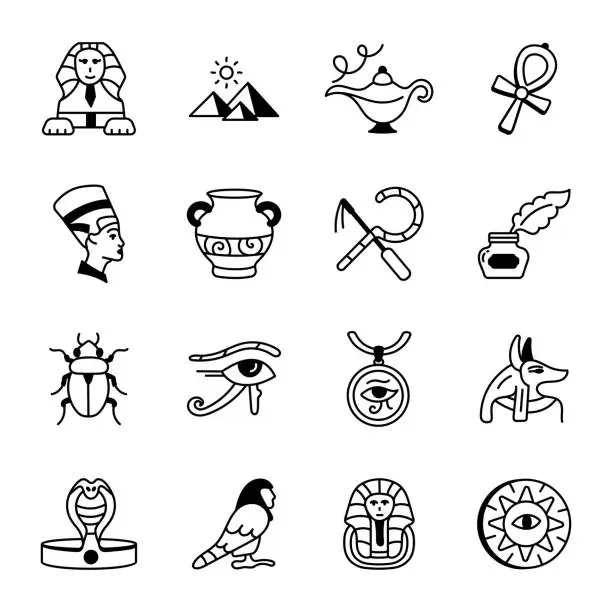 Vector illustration of Set of 16 Sketchy Historical Egypt Icons