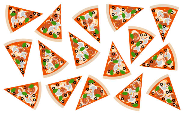 ilustrações, clipart, desenhos animados e ícones de fundo do padrão feito da vista superior das peças da pizza no fundo branco - cheese backgrounds pattern portion