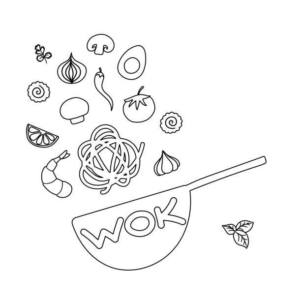 składniki na patelnię wok. wektorowy doodle płaski azjatycki zestaw symboli woka. latające warzywa z owocami morza do projektowania menu. - skoczcie cebula stock illustrations