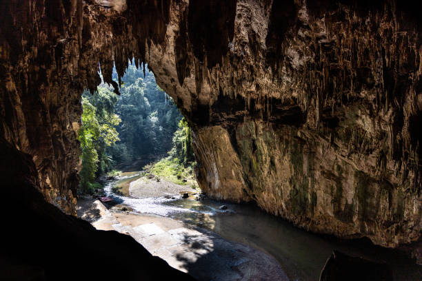 malownicza komnata z rzeką w jaskini tham nam lod, popularna atrakcja turystyczna w mae hong son, tajlandia - stalagmite zdjęcia i obrazy z banku zdjęć