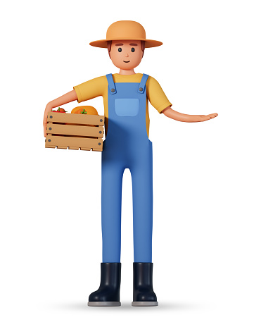 Farming and gardening concept with 3d farmer character hold wooden box full of vegetables and point aside front view isolated on white background