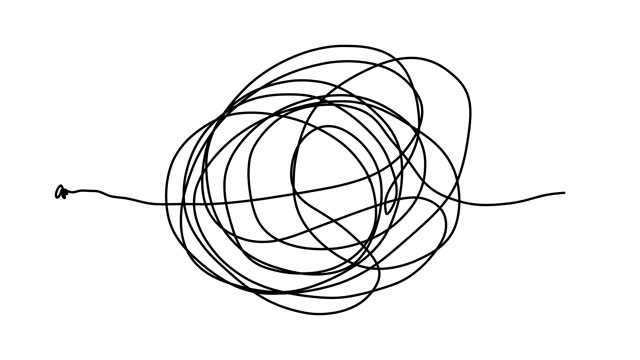 Hand drawn tangle scrawl sketch, doodle or black line like finding a solution abstract scribble shape path. Self drawing animation of scribble, line art, mess, problem, chaos.