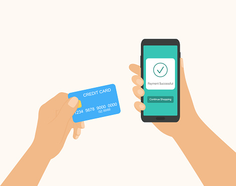 Online Shopping And Contactless Payment Concept With Hand Holding Credit Card And Using Mobile Phone