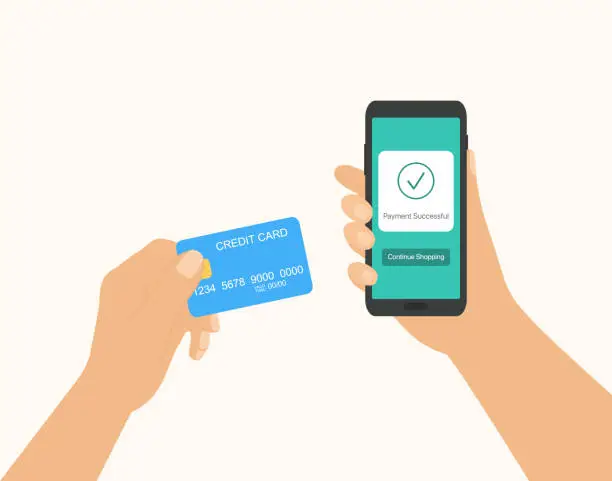 Vector illustration of Online Shopping And Contactless Payment Concept With Hand Holding Credit Card And Using Mobile Phone