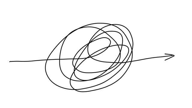 Hand drawn tangle scrawl sketch, doodle or black line like finding a solution abstract scribble shape path. Self drawing animation of scribble, line art, mess, problem, chaos.