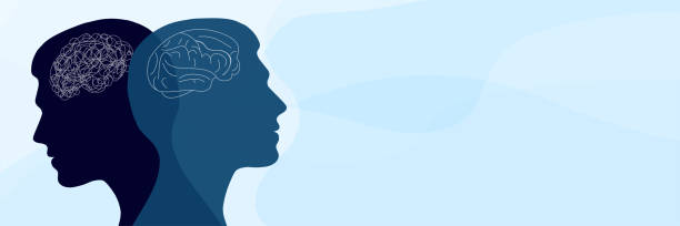 Metaphor bipolar disorder mind mental. Double face. Split personality. Concept mood disorder. Psychology. 2 Head silhouette. Dual personality concept. Mental health. Psychiatry. Banner Bipolar disorder, mood change, mental illness, psychological suffering, dual personality, sadness and depression. Diagnosis or treatment for symptoms and mental disorders. Mental health. Meditation concept. Imagination couch side view stock illustrations