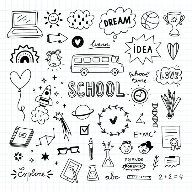 illustrations, cliparts, dessins animés et icônes de clipart vectoriel scolaire. griffonnages scolaires dessinés à la main. illustrations d’études vectorielles - vie étudiante