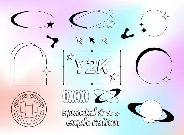Collection of Y2K vector aesthetic elements, frames, shapes and graphics on a gradient chrome background. Collection of Y2K vector aesthetic elements, frames, shapes and graphics on a gradient chrome background. the millennium stock illustrations