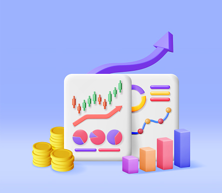 3D Financial Reports with Cash Money and Chart. Render Stock Pie Shows Growth. Financial Data Analysis, Business Research, Financial Market Trade. Money and Banking. Vector Illustration