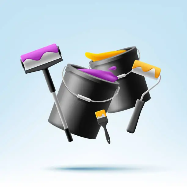 Vector illustration of Painting works, a bucket with yellow and purple paint, a roller and a brush. Modern 3d illustration. Vector EPS 10