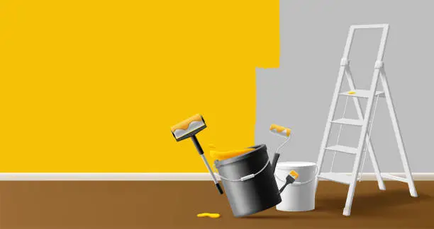 Vector illustration of 3D Painting a room yellow, buckets of paint, folding ladder and painting tools. The concept of restoration of the house.