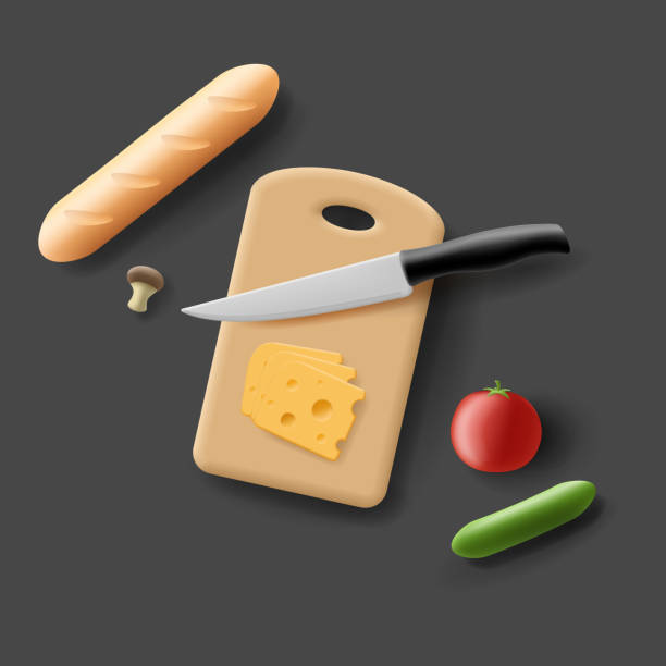 istock 3D Cooking, kitchen, recipe, restaurant, menu. Cutting board, knife, cheese, tomato, bread, cucumber, mushroom. Illustration on a black background, top view. 1475833133