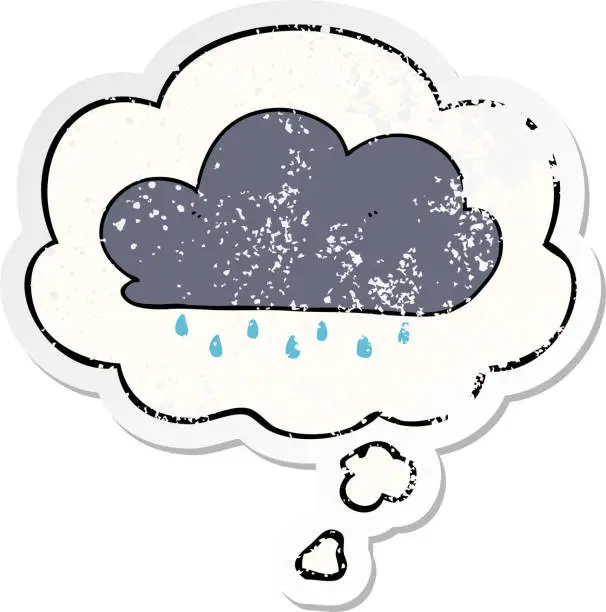 Vector illustration of cartoon rain cloud with thought bubble as a distressed worn sticker