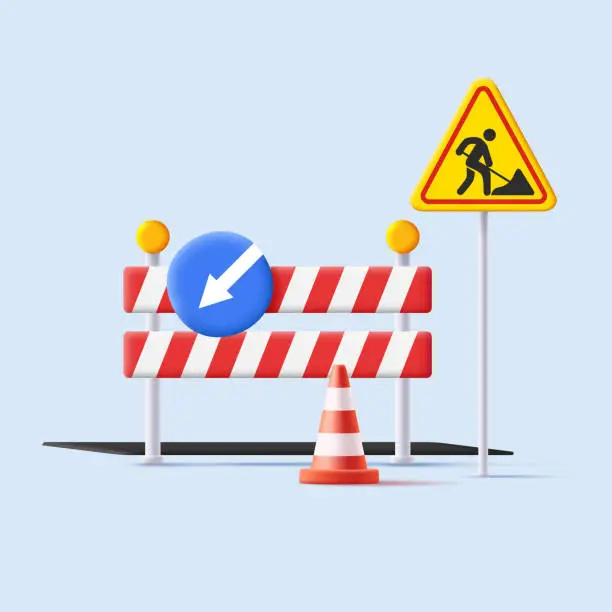 Vector illustration of 3d illustration od street road sign of reparation road works with detour and striped barrier with cone and lights