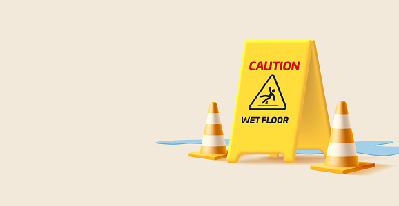 3d render illustration of yellow plastic wet floor sign with watter split and cones, cartoon style