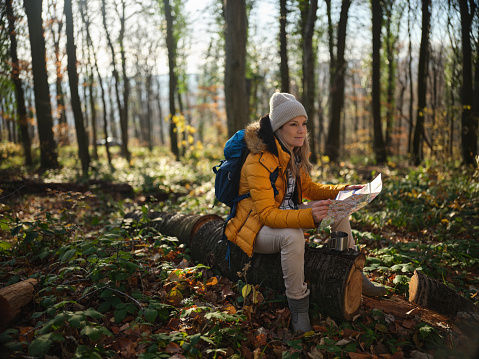 Young female backpacker using a map while taking a break from hiking in autumn day at the forest. Photographed in medium format.
