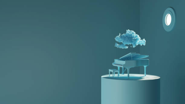 istock illustration of a piano with cloud on blue background. 3d render 1475839653