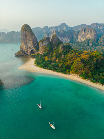 Scenic aerial view of yacht near Railey beach in Thailand