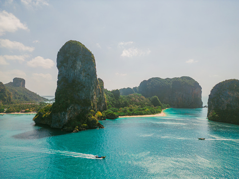 Scenic aerial view of yacht near Railey beach in Thailand