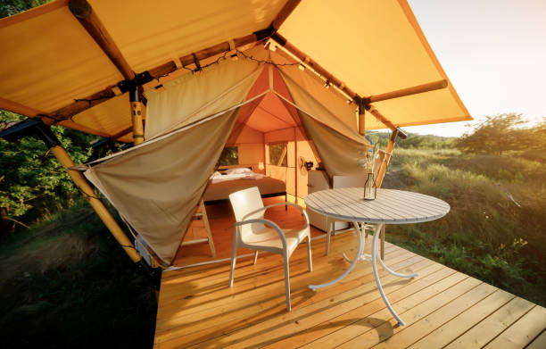 istock Cozy open glamping tent with light inside during sunset. Luxury camping tent for outdoor summer holiday and vacation. Lifestyle concept 1475840636