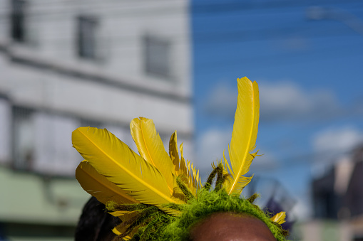 Half forehead of a young black man with feathers on his head