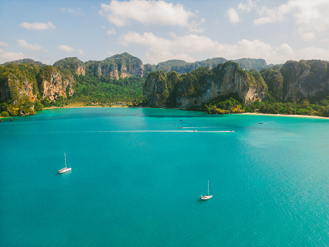 Scenic aerial view of yacht near Railey beach in Thailand