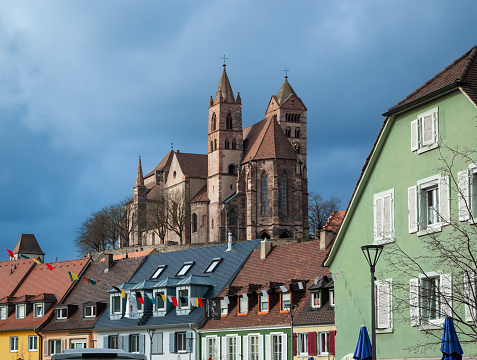 Breisach am Rhein, Germany - February 22, 2023: Historic town of Breisach with a view of the houses and the cathedral, Baden-Wurttemberg