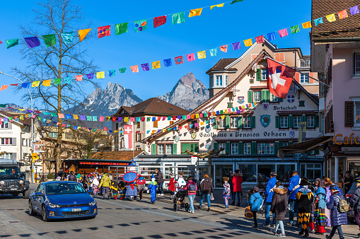 Brunnen, Switzerland - February 20, 2023: Carnival in Brunnen, a town in the municipality of Ingenbohl, located on Lake Lucerne in the canton of Schwyz in Switzerland.