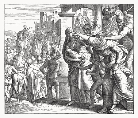 Nebuchadnezzar destroyed Jerusalem and leads the Israelites into exile in Babylon (2 Kings 25). Wood engraving by Julius Schnorr von Carolsfeld (German painter, 1794 - 1872), published in 1860.