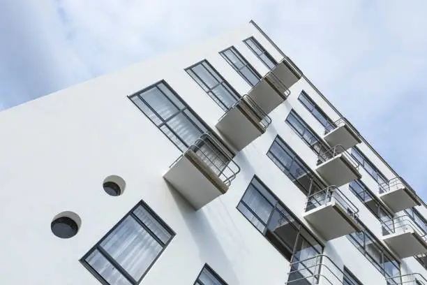 Facade with balconies at Bauhaus building, Dessau, Germany