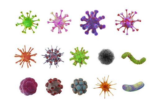 Conjunto de modelos 3d de virus. Gérmenes, hongos, objetos bacterianos Covid-19. Gráfico de zoom microscópico en laboratorio para aprender ciencias médicas, biología, virología sobre fondo blanco. Trazado de recorte. Ilustración 3D. photo