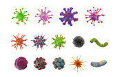 Virus 3d model set. Covid-19 germs, fungi, bacteria objects. Graphic from microscopic zoom in lab for learning science medical, biology, virology on white background. Clipping path. 3D Illustration.